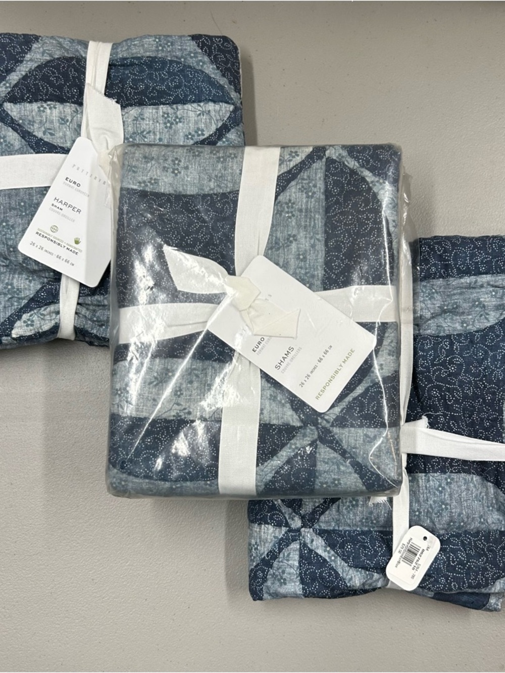 3 Pottery Barn Harper Quilted EURO Pillow Sham Covers Blue Patchwork NWT